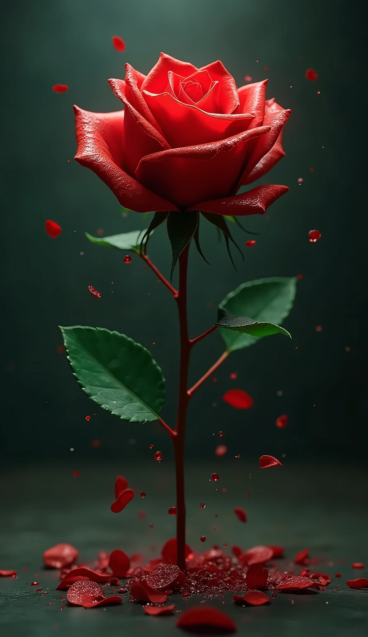 A Falling Rose , Green Petals , Bright Red Stems Like Fresh Blood ...