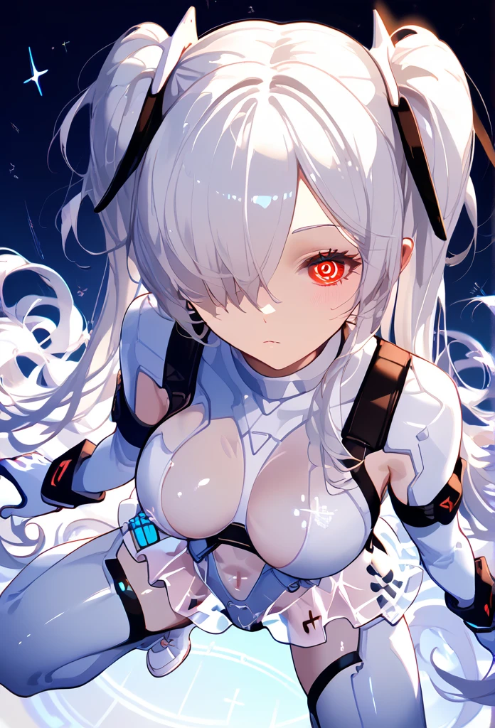 anachirox, twintails, very long hair, white hair, hair over one eye, red eye 、white bodysuit, see-through skirt, white gloves, white footwear、ringed eyes、 Only the upper body and head can be seen, from above, macro shot, cool movement, holographic monitor,