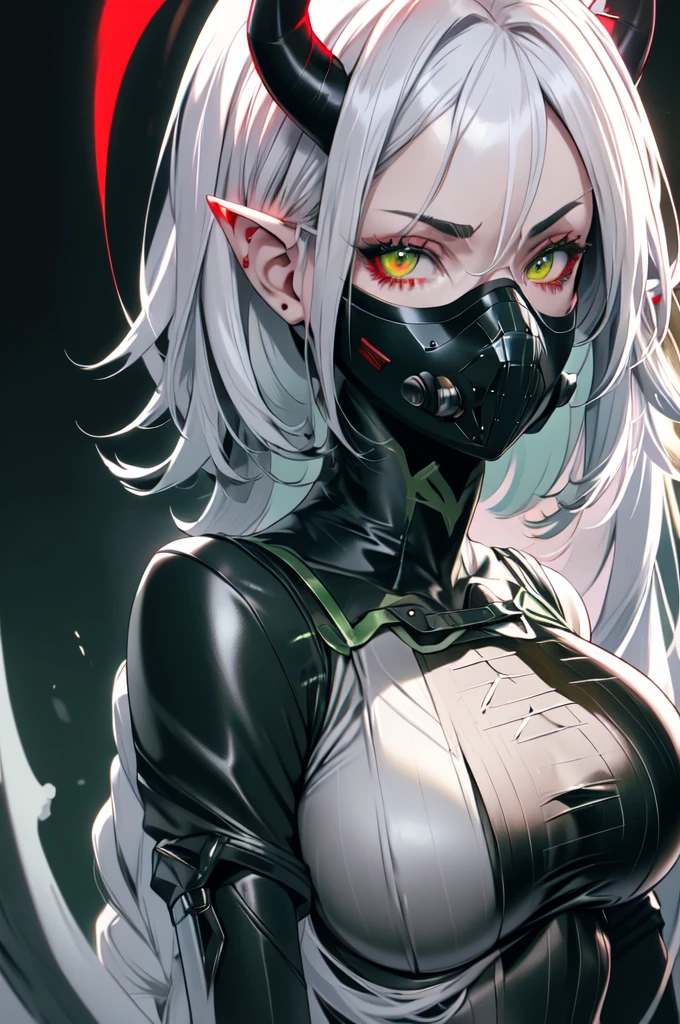 portrait, oppai proportions, large breast, masterpiece, best quality, white hair, pointy ears, white horns, valorantViper, bloody red leather and metal bodysuit, respirator, mask, looking at viewer, face, portrait, close-up, glowing eyes, green smoke, black background