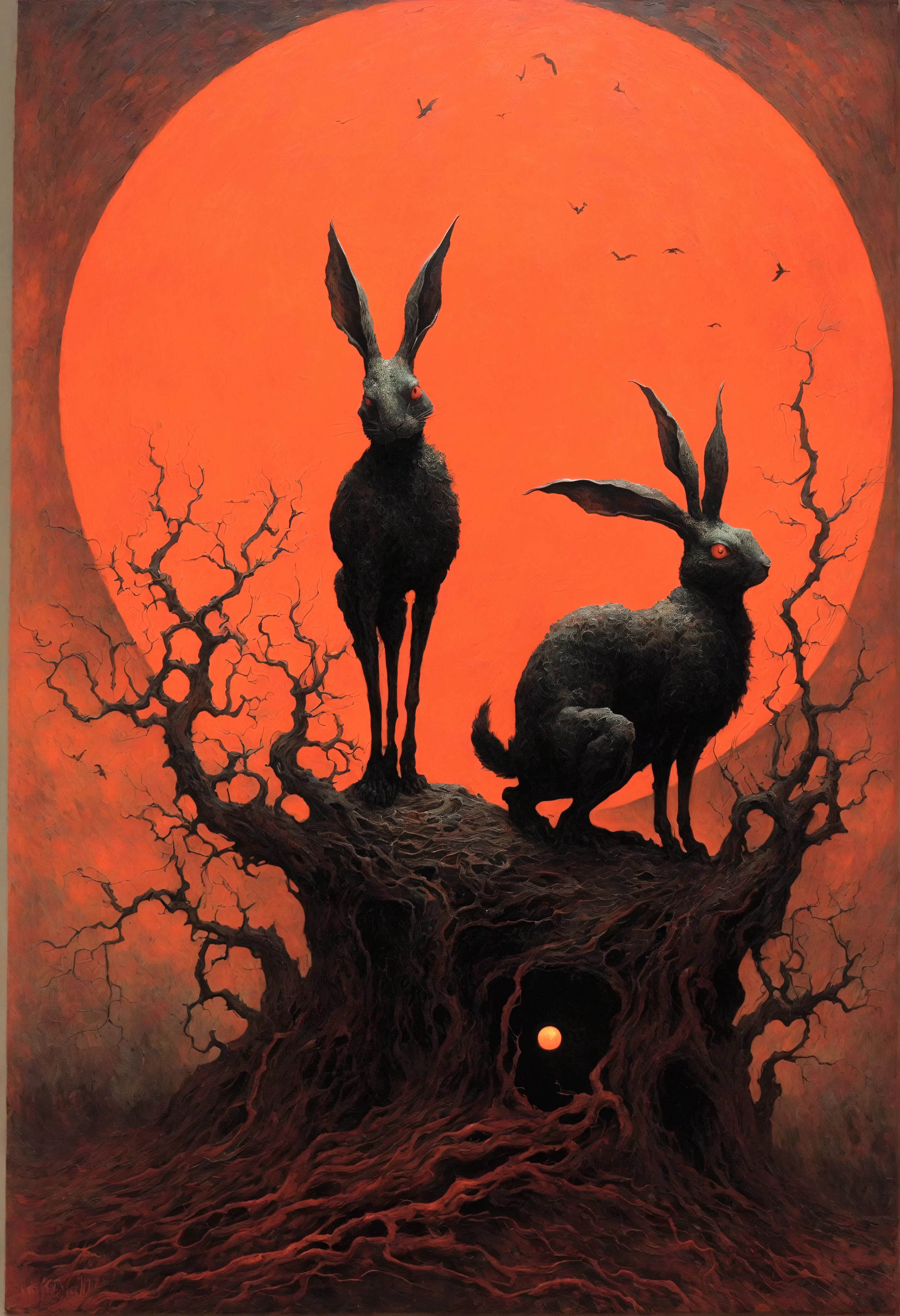 Mythical creatures, author: Dzislaw Beksinski and Vincent van Gogh, red moon and rabbit