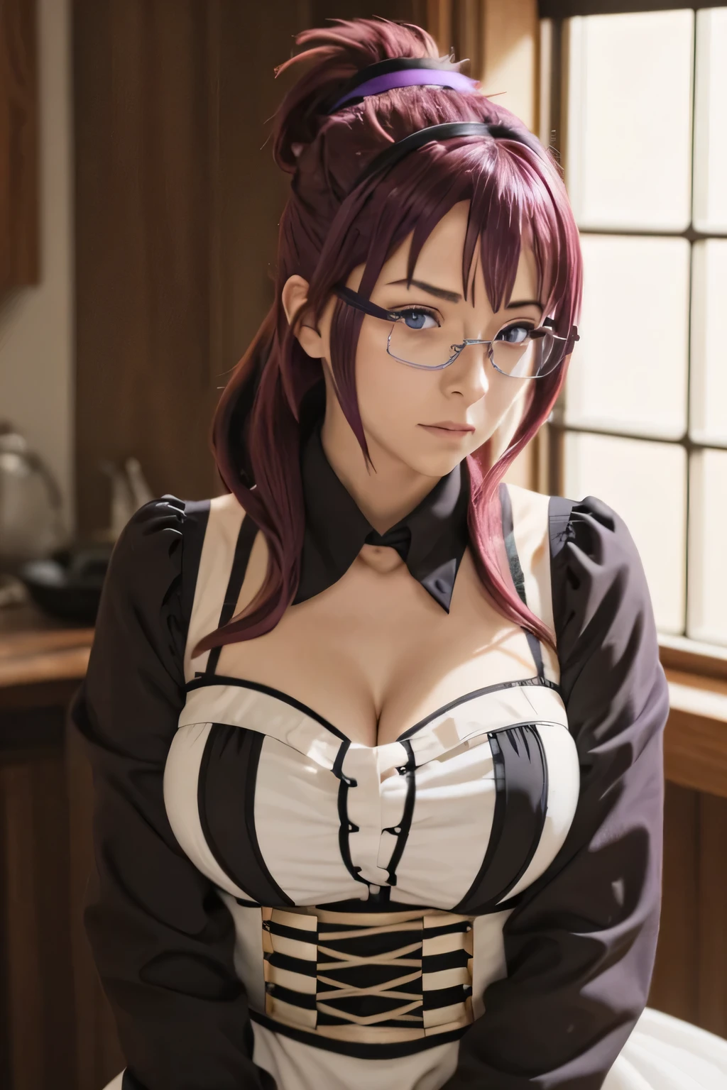  a girl, Lilia,ponytail, long hair, red hair, purple eyes,purple eyes,purple eyes,glasses,Maid costume,neckline,open blouse,visible breasts,large breasts, waist 50 cm and hips 70 cm ,in the morning...