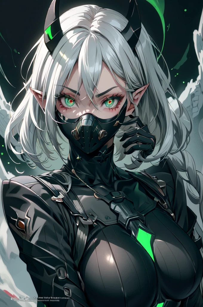 portrait, oppai proportions, large breast, masterpiece, best quality, white hair, pointy ears, white horns, valorantViper, bloody red leather and metal bodysuit, respirator, mask, looking at viewer, face, portrait, close-up, glowing eyes, green smoke, black background