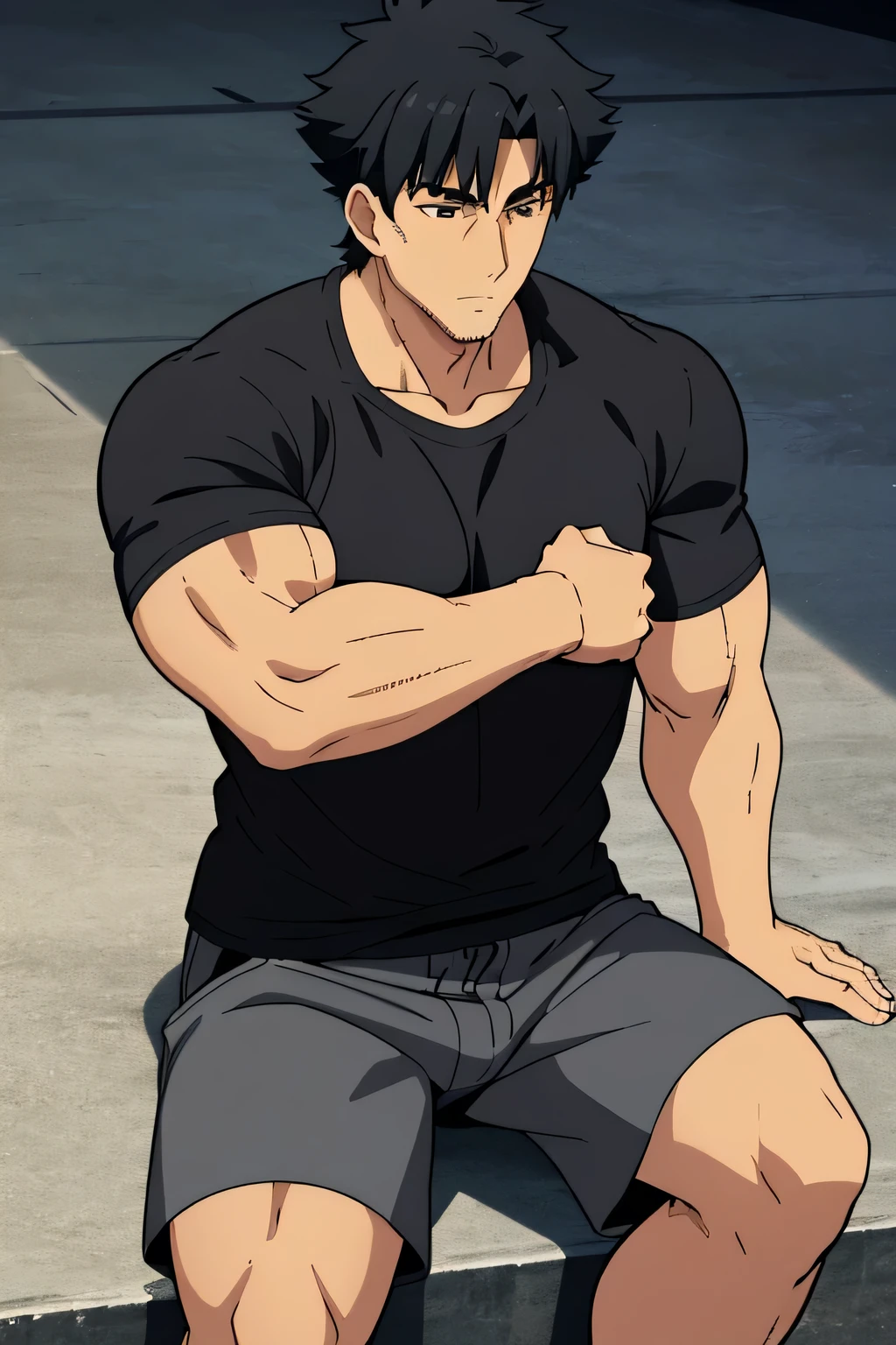 Kiritsugu is sitting and flexing his biceps. He is wearing a black tshirt with short sleeves. The right sleeve is completely rolled up, so you can see his entire arm. He wears black short boxershorts. You can see his thighs completely. He has a huge bulge. He is admiring his arms by touching them. His arms are full of visible huge veins.