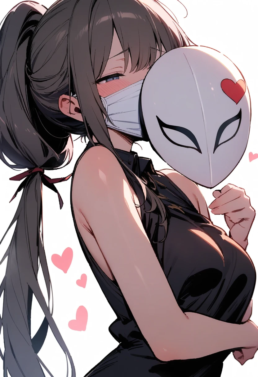 masterpiece, Best Quality,  1 girl, Under the arms, chest, mask,  watching , low  ponytail,White background,  present, shiny skin,  Sleeveless,  upper body, Very long hair, Cover your mouth, Half-open eyes,  simple background ,  ponytail, heart,  Sleeveless 着物