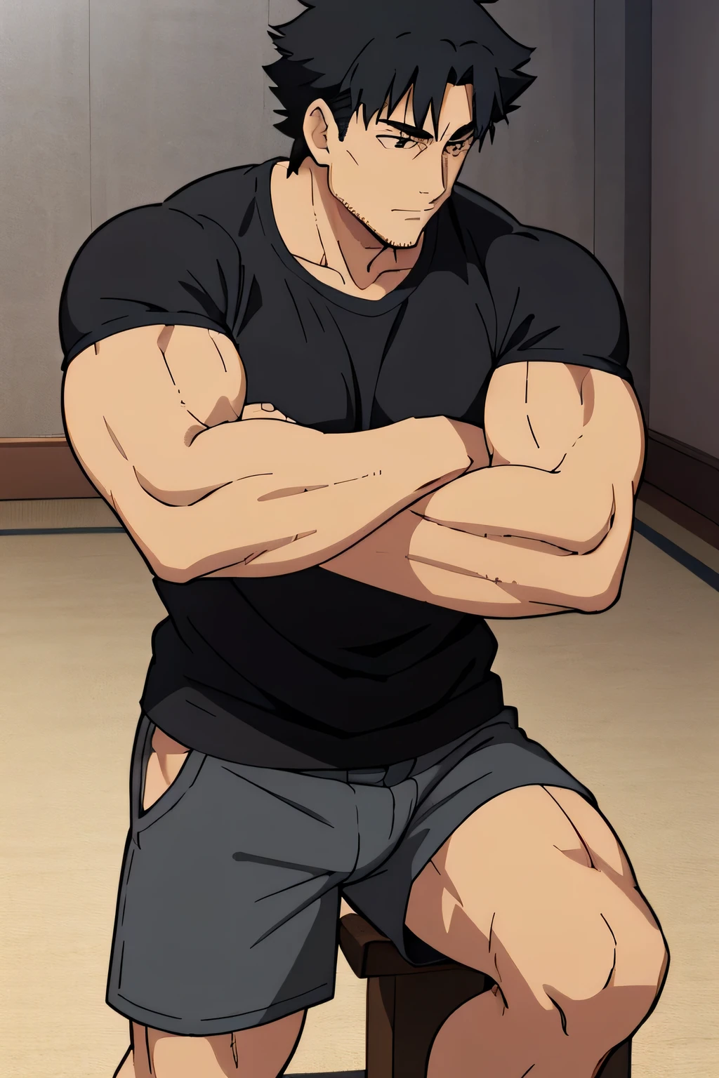 Kiritsugu is sitting and flexing his biceps. He is wearing a black tshirt with short sleeves. The right sleeve is completely rolled up, so you can see his entire arm. He wears black short boxershorts. You can see his thighs completely. He has a huge bulge. He is admiring his arms by touching them. His arms are full of visible huge veins.