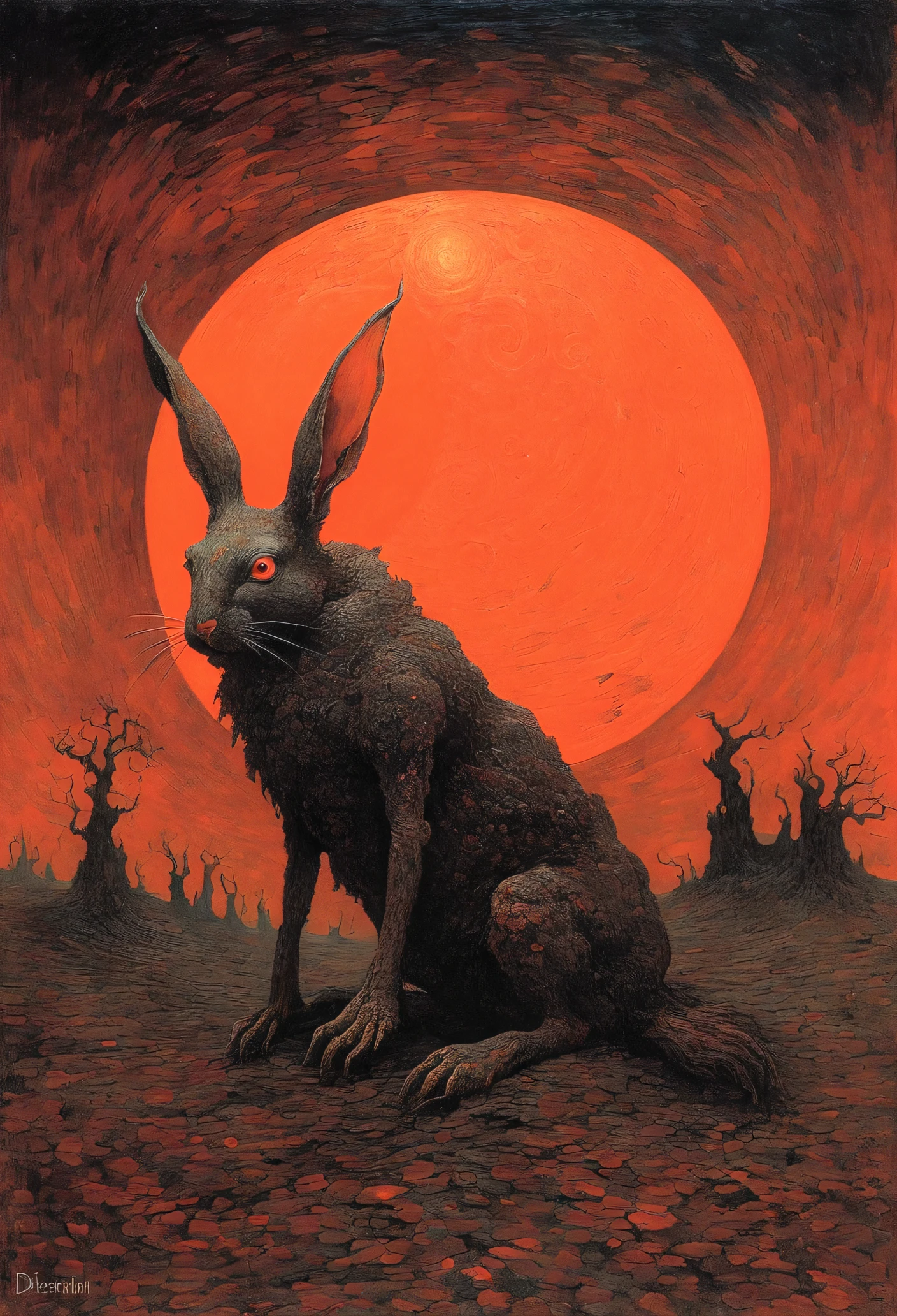 Mythical creatures, author: Dzislaw Beksinski and Vincent van Gogh, red moon and rabbit