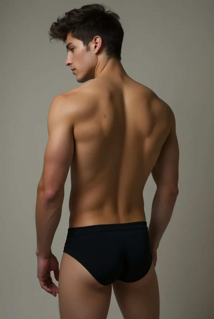 Handsome muscular young age boy wearing black micro thong , standing backward, showing his huge muscular butt
