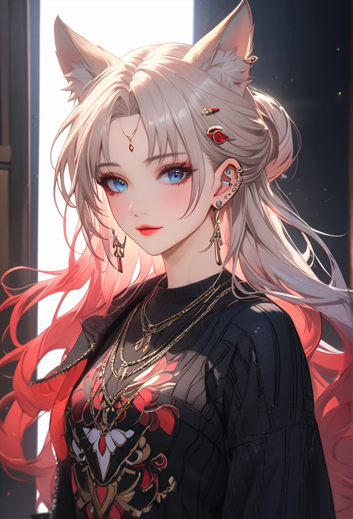 A stylish oversized sweater with a graphic design, skinny jeans, fashionable boots, beautiful detailed face, beautiful detailed eyes, beautiful detailed lips, highly detailed,8k, highres, masterpiece, ultra-detailed, studio lighting, vivid colors, fashion, trending, stylish, elegant, cinematic lighting,full body , Feixiao, animal ears, long hair, ponytail, gradient hair, white hair, blue eyes, forehead jewel, ear piercing, hair ornament
