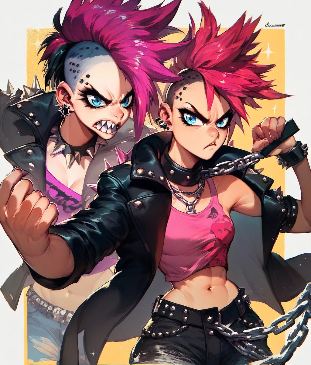 Highest quality,(Best Quality:1.1),(Super detailed:1.1),  cowboy shot, ( one woman,  Women in Punk Fashion , Pink spiked hair, Other Shaving , Sharp Eye, Sparkling Blue Eyes, Glaring expression), (  Black Leather Jacket with Lots of Studs ,  Short Pink Tank Top , Illustration of a rabbit,  Low Rise Denim Shorts with Belly Button , Black work boots), ( have chainsaws:1.5), dynamic pose,  Dynamic Angle,  Red Stucco Wall Background  ,