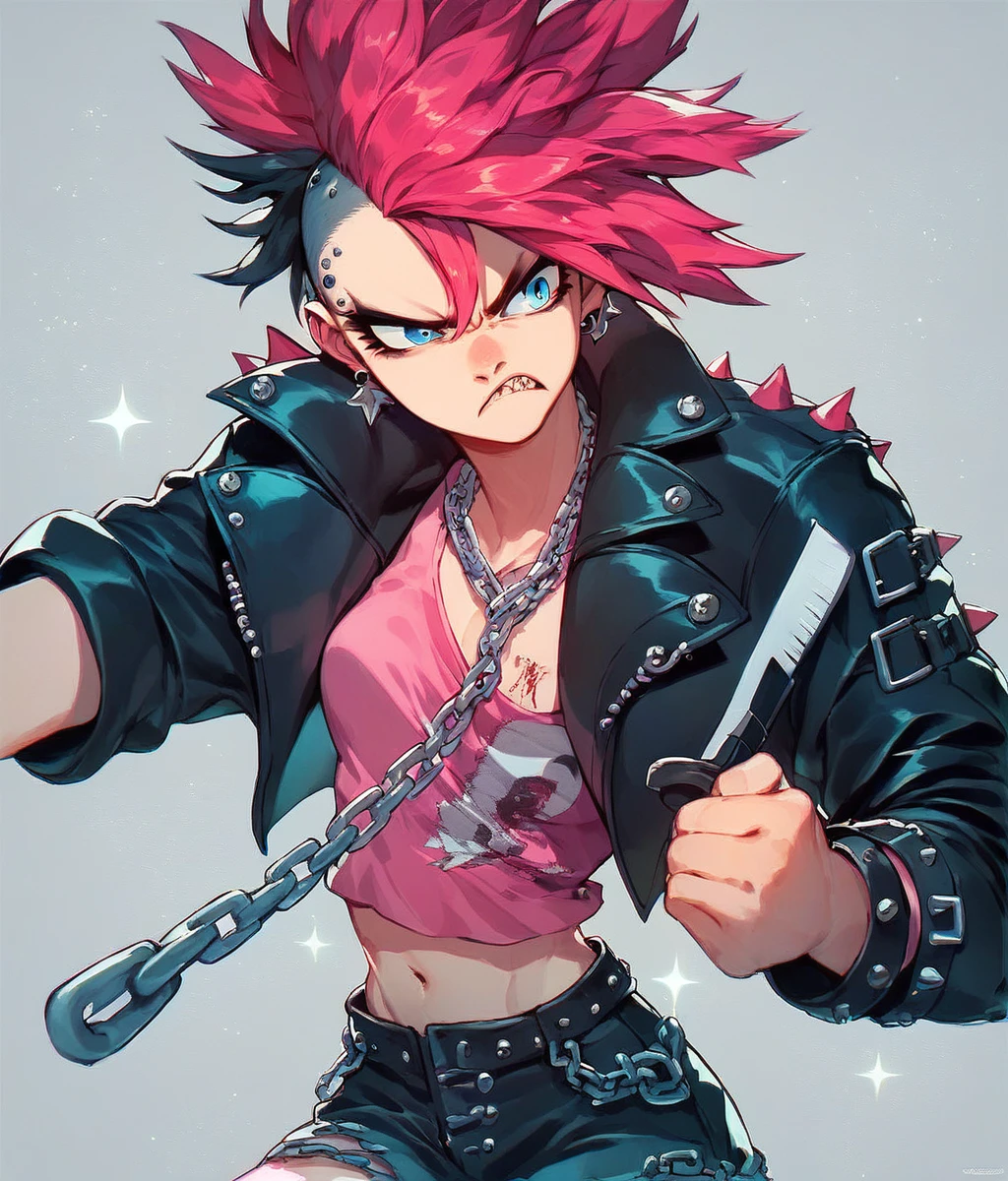 Highest quality,(Best Quality:1.1),(Super detailed:1.1),  cowboy shot, ( one woman,  Women in Punk Fashion , Pink spiked hair, Other Shaving , Sharp Eye, Sparkling Blue Eyes, Glaring expression), (  Black Leather Jacket with Lots of Studs ,  Short Pink Tank Top , Illustration of a rabbit,  Low Rise Denim Shorts with Belly Button , Black work boots), ( have chainsaws:1.5), dynamic pose,  Dynamic Angle,  Red Stucco Wall Background  ,