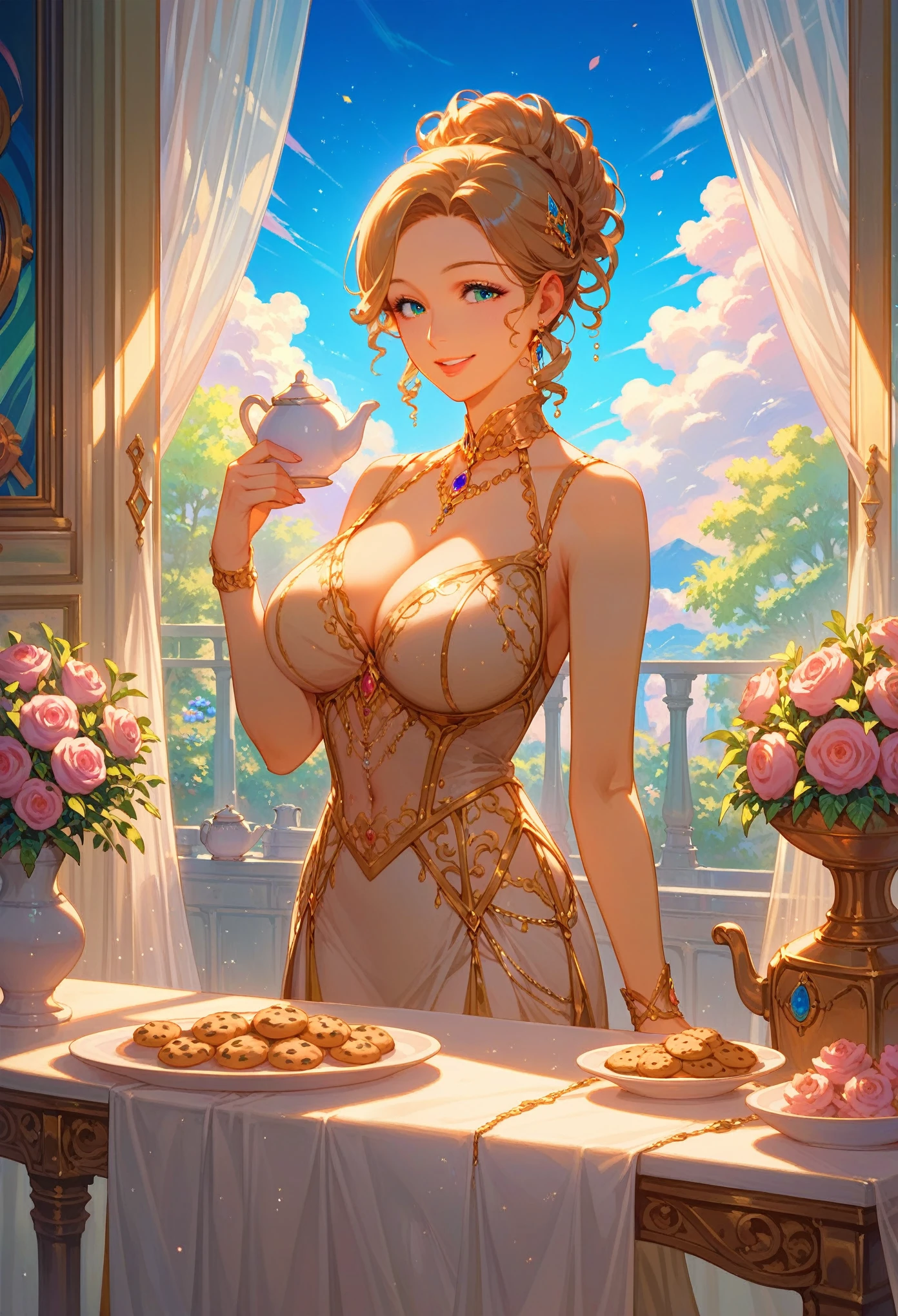 score_9, score_8_up, score_7_up, anime, beautiful,  Mature girl,  Perfect Anatomy , bright, smile,  Holds a Teapot ,  Dressed in a Beautiful Evening Outfit ,  Curvy Hair Curly Long, background room, There's a Table ,  Different Cookies , flowers, beautiful light, bright colors,  Maximum Quality, masterpiece, many details, 