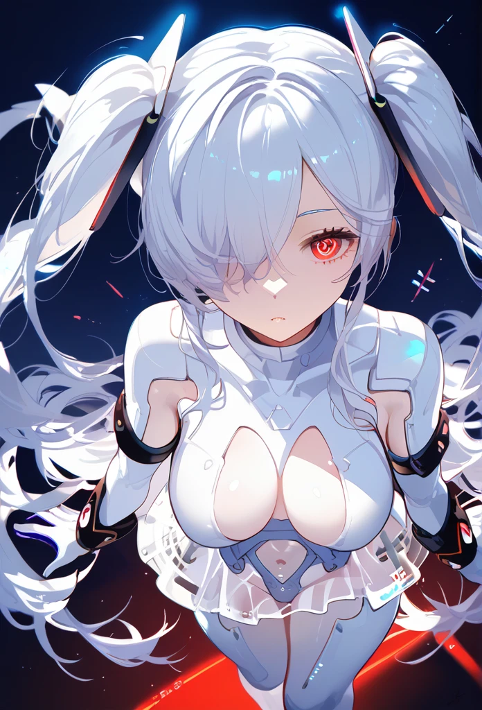 anachirox, twintails, very long hair, white hair, hair over one eye, red eye 、white bodysuit, see-through skirt, white gloves, white footwear、ringed eyes、 Only the upper body and head can be seen, from above, macro shot, cool movement, holographic monitor,