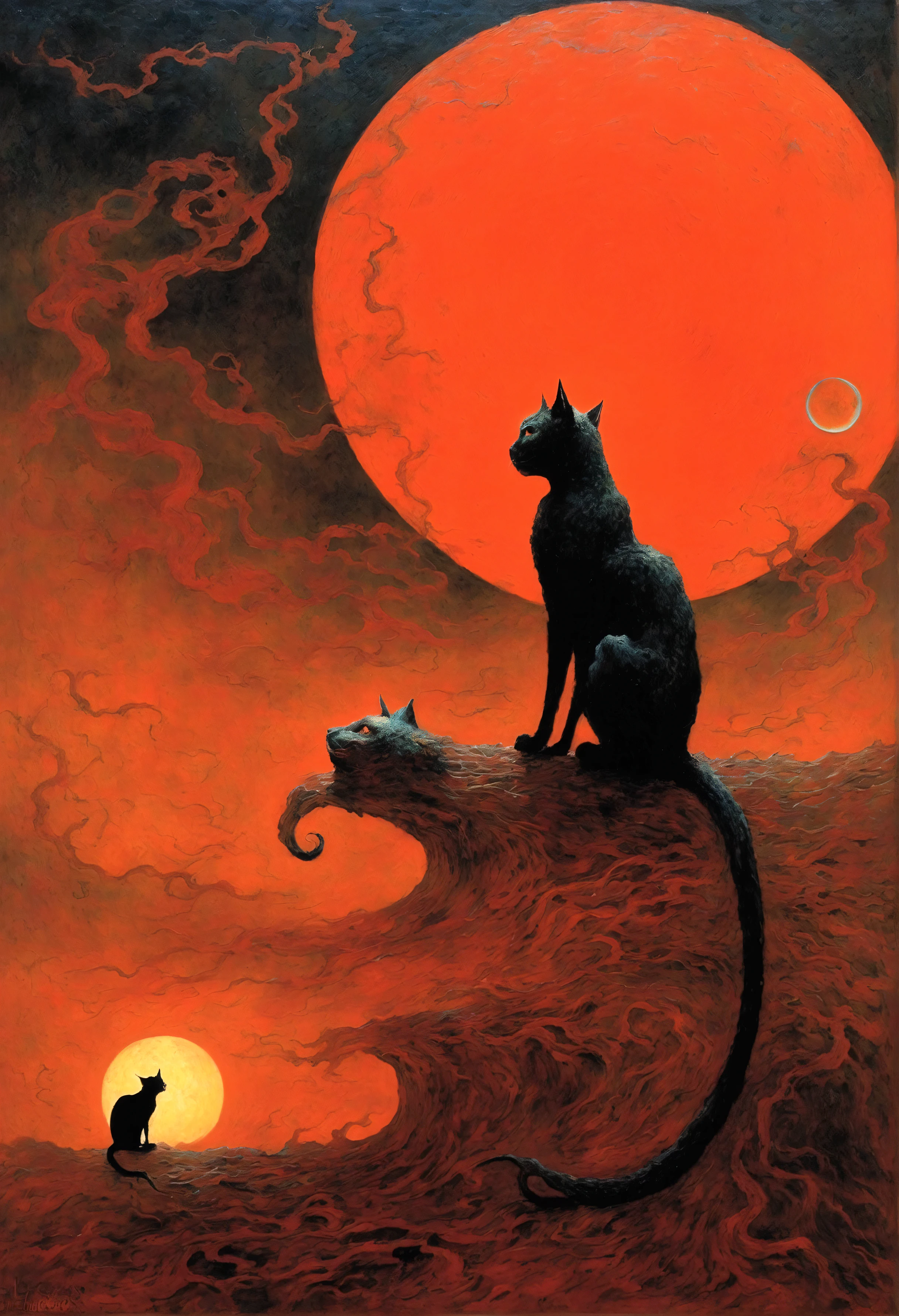 Mythical creatures, author: Dzislaw Beksinski and Vincent van Gogh, red moon and cat