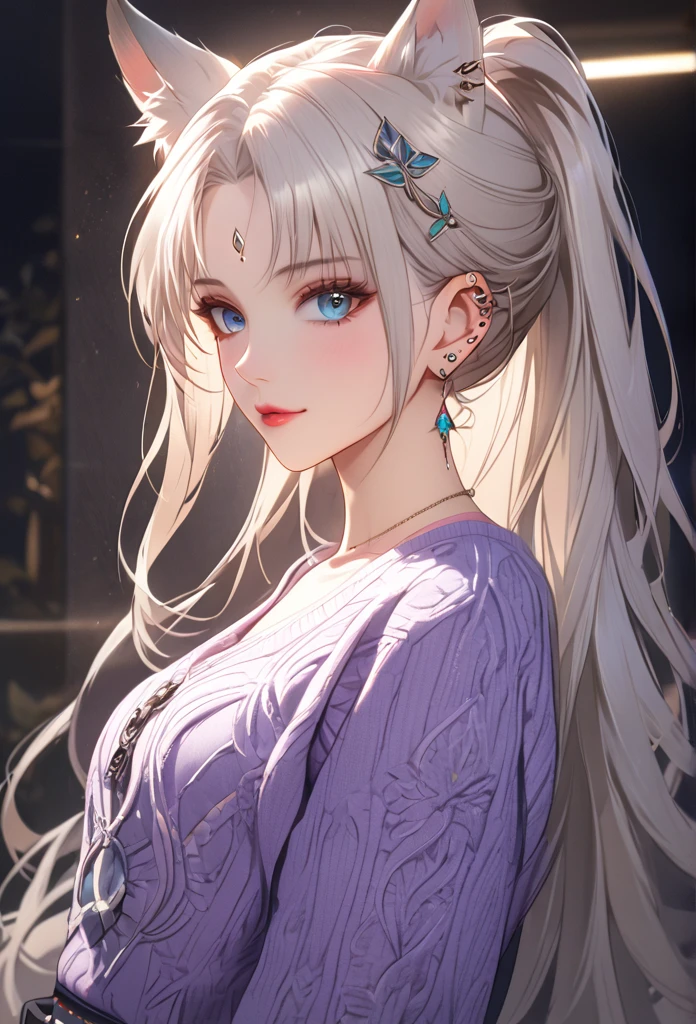 A stylish oversized sweater with a graphic design, skinny jeans, fashionable boots, beautiful detailed face, beautiful detailed eyes, beautiful detailed lips, highly detailed,8k, highres, masterpiece, ultra-detailed, studio lighting, vivid colors, fashion, trending, stylish, elegant, cinematic lighting,full body , Feixiao, animal ears, long hair, ponytail, gradient hair, white hair, blue eyes, forehead jewel, ear piercing, hair ornament
