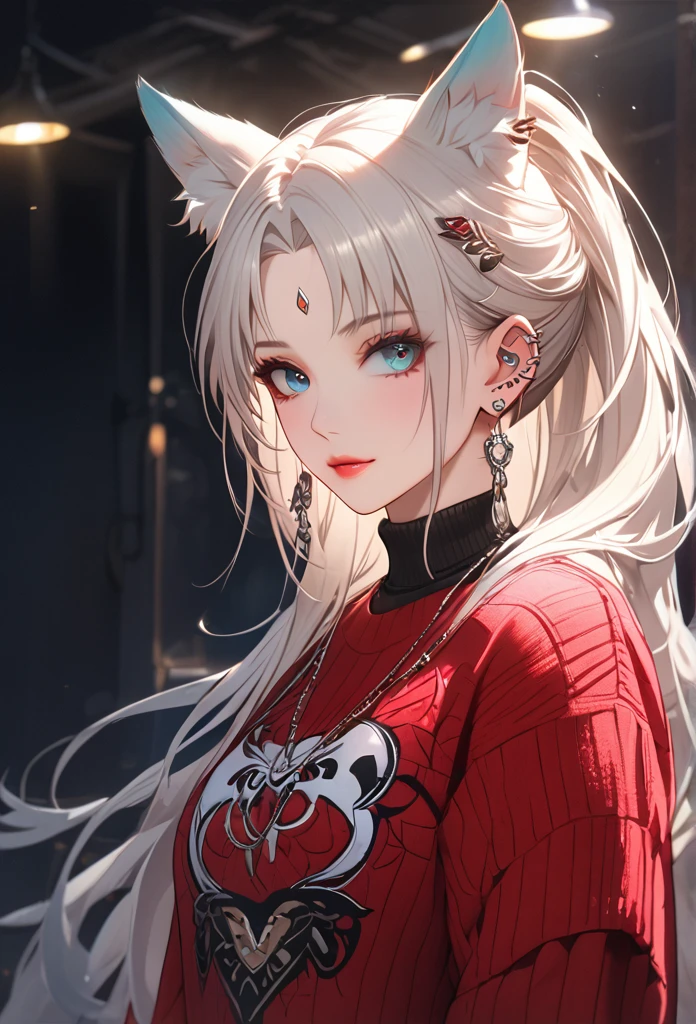 A stylish oversized sweater with a graphic design, skinny jeans, fashionable boots, beautiful detailed face, beautiful detailed eyes, beautiful detailed lips, highly detailed,8k, highres, masterpiece, ultra-detailed, studio lighting, vivid colors, fashion, trending, stylish, elegant, cinematic lighting,full body , Feixiao, animal ears, long hair, ponytail, gradient hair, white hair, blue eyes, forehead jewel, ear piercing, hair ornament
