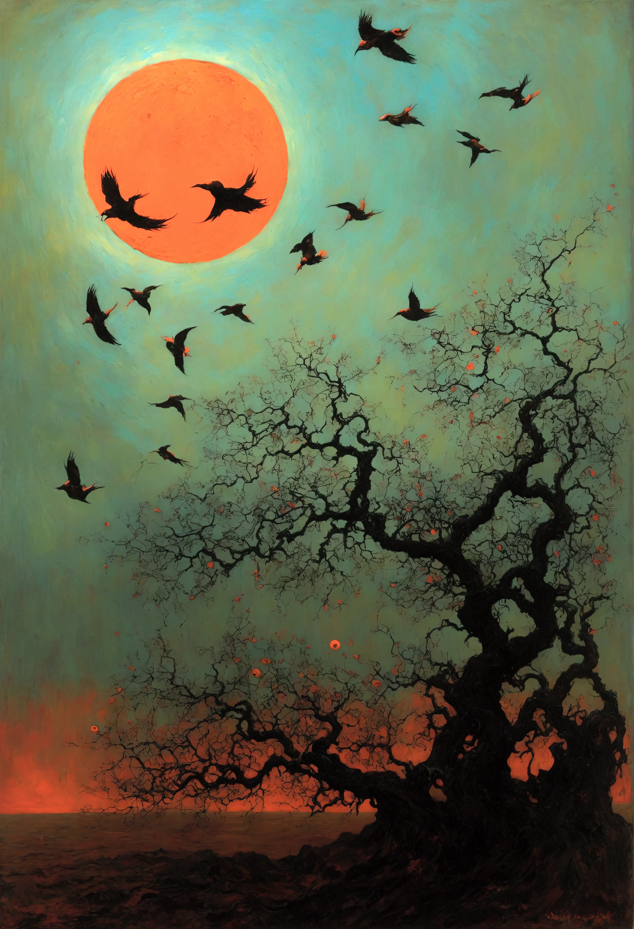 Mythical creatures, author: Dzislaw Beksinski and Vincent van Gogh, red moon and birds
