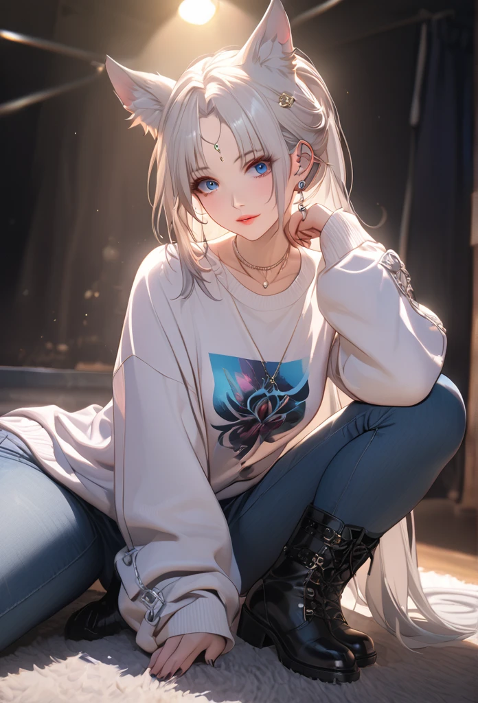 A stylish oversized sweater with a graphic design, skinny jeans, fashionable boots, beautiful detailed face, beautiful detailed eyes, beautiful detailed lips, highly detailed,8k, highres, masterpiece, ultra-detailed, studio lighting, vivid colors, fashion, trending, stylish, elegant, cinematic lighting,full body , Feixiao, animal ears, long hair, ponytail, gradient hair, white hair, blue eyes, forehead jewel, ear piercing, hair ornament
