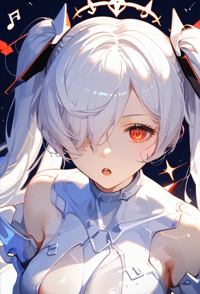 anachirox, twintails, very long hair, white hair, hair over one eye, red eye 、white bodysuit, see-through skirt, white gloves, white footwear、ringed eyes、 wide-angle, from bebind, Close-up shots, singing, cinmatic lighting,