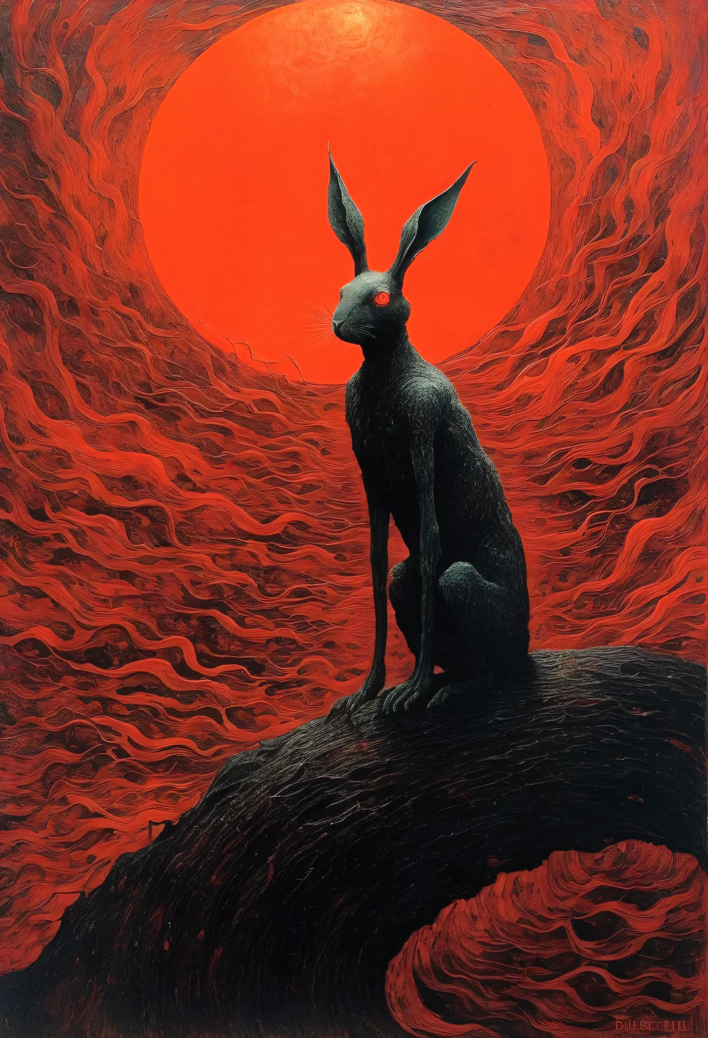 Mythical creatures, author: Dzislaw Beksinski and Vincent van Gogh, red moon and rabbit