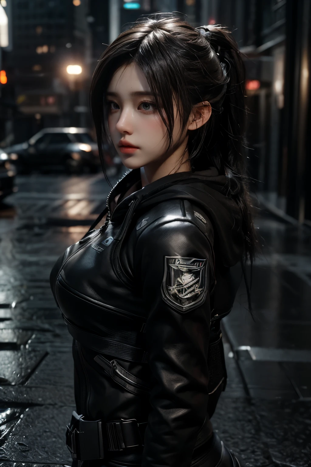 Game art，The best picture quality，Highest resolution，8K，(A bust photograph)，(Portrait)，(Head close-up)，(Rule of thirds)，Unreal Engine 5 rendering works，Photorealistic, Soft light,(Detailed face),
**-****-*** girl,((Side View,Profile)),(Blue glowing eyes,Lachrymal nevus),(A cold expression),(Wearing a hood,Sportswear,Black combat suit,)
photo poses，city background，Movie lights，Ray tracing，Game CG，((3D Unreal Engine))，OC rendering reflection pattern