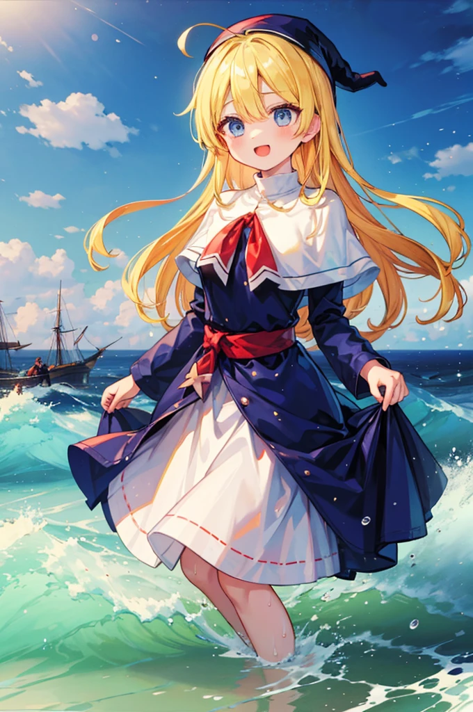 (8k,  super quality, masterpiece:1.2),  ultra high resolution, cute,  girl, solo, whole body, Puyo Puyo's witch, Blonde, Blue Eyes , blue headwear ,  blue based robe,  red ribbon, White capelet, Ahoge,  long skirt , sea, Wave like a  , Bright smile, Open your mouth, soaked, whole bodyに水滴,  soaked in water up to the waist, 