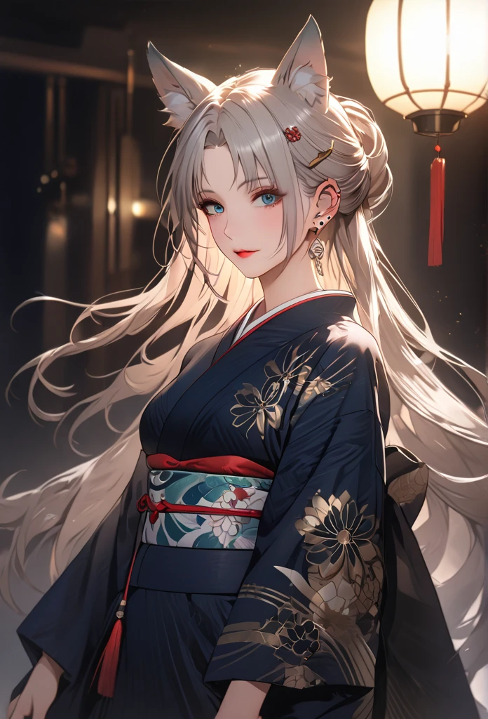 A  stylish  oversized sweater with a graphic design,  Japanese Kimono ,   Beautiful Detailed Face ,   beautiful detailed eyes,  Beautiful Detailed Lips,   very detailed ,8k,  high definition, masterpiece, Super detailed,  studio lighting ,  bright color, fashion, trend,  stylish ,  elegant,   cinematic lighting ,full body , fly,  animal ears , Long Hair,  ponytail,  Gradation Hair , Gray Hair,  blue eyes , Frame decoration, Ear Piercing,  hair ornament 
