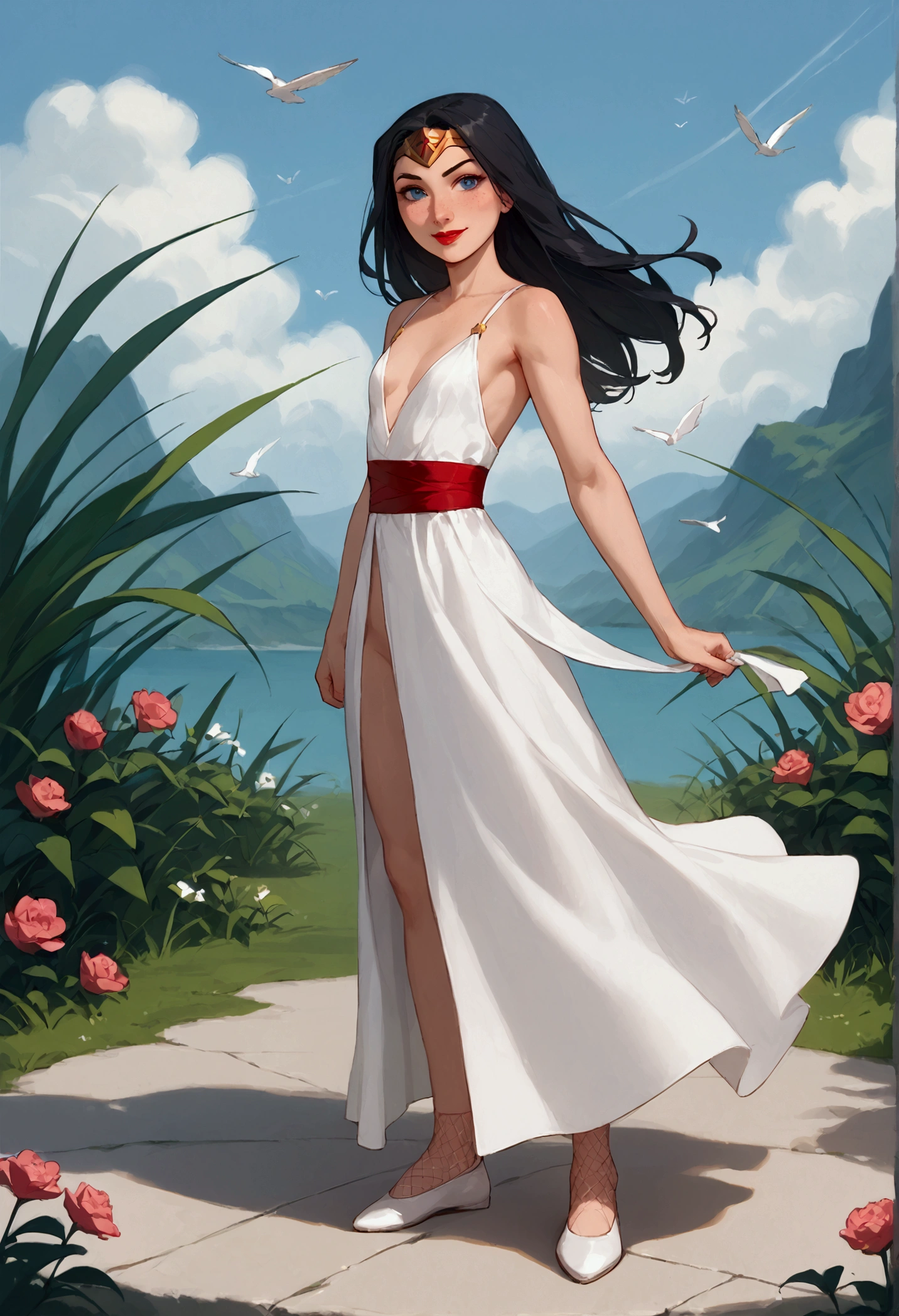 ((full body shot, standing, feet on the ground)) Wonder Woman, masterpiece, best quality, highly detailed, score_9, score_8_up, score_7_up, score_6_up, anime font,BREAK, 2 girl, solo, no clothes, nude, long hair, blue eyes, flower, hair tie, small breasts, bow, looking at viewer, freckles, parted lips, smile, full body, red lips, lips, leather ballet shoes, turned sideways 45 degrees , She looks for you, your gauze hurts, fishnets, deep white, neutral cast
