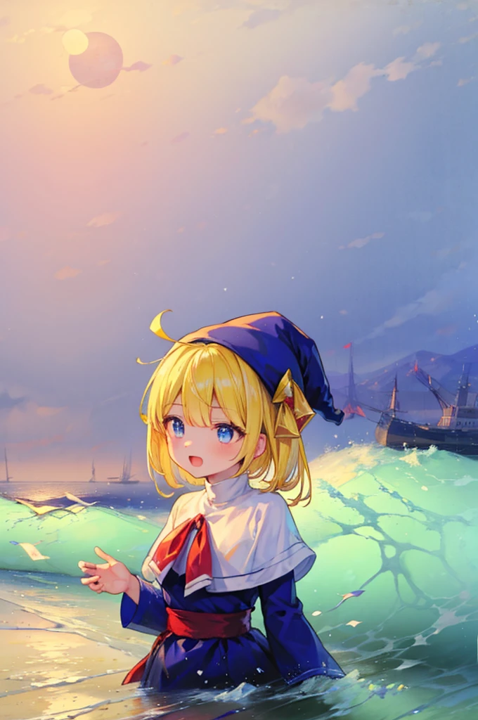 (8k,  super quality, masterpiece:1.2),  ultra high resolution, cute,  girl, solo, whole body, Puyo Puyo's witch, Blonde, Blue Eyes , blue headwear ,  blue based robe,  red ribbon, White capelet, Ahoge,  long skirt , sea, Wave like a  , Bright smile,  innocent face , Open your mouth, soaked, whole bodyに水滴,  with their bodies glued together , 