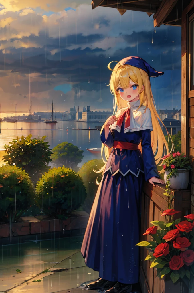 (8k,  super quality, masterpiece:1.2),  ultra high resolution, cute,  girl, solo, whole body, Puyo Puyo's witch, Blonde, Blue Eyes , blue headwear ,  blue based robe,  red ribbon, White capelet, Ahoge,  long skirt , garden, heavy rain, Heavy rain, like, Bright smile,  innocent face , Open your mouth, soaked, whole bodyに水滴, 