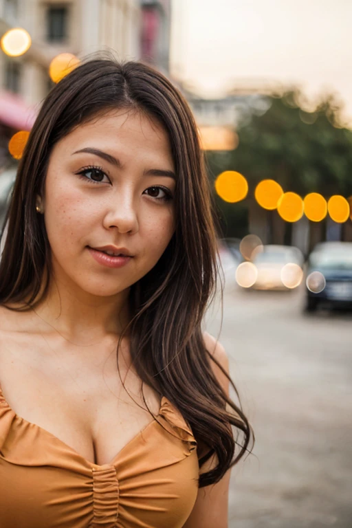 Close-up photo of a girl's face in a colorful dress, black hair, city street at sunset, bokeh