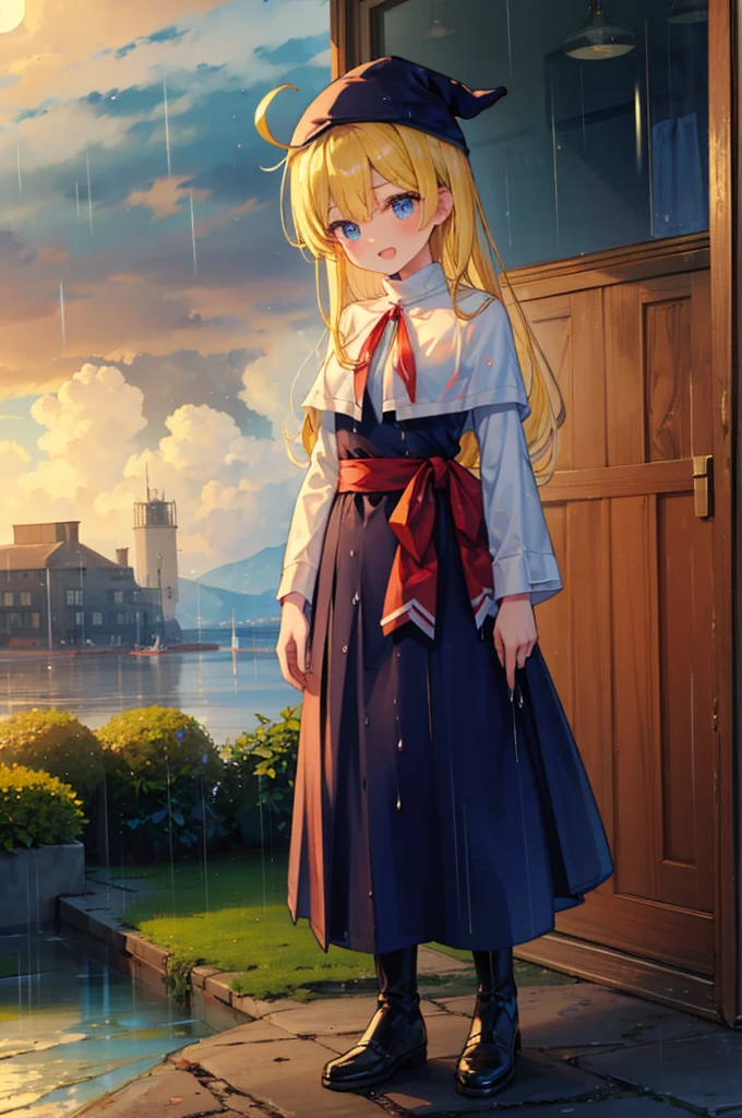 (8k,  super quality, masterpiece:1.2),  ultra high resolution, cute,  girl, solo, whole body, Puyo Puyo's witch, Blonde, Blue Eyes , blue headwear ,  blue based robe,  red ribbon, White capelet, Ahoge,  long skirt , garden, heavy rain, Heavy rain, like, Bright smile,  innocent face , Open your mouth, soaked, whole bodyに水滴, typhoon