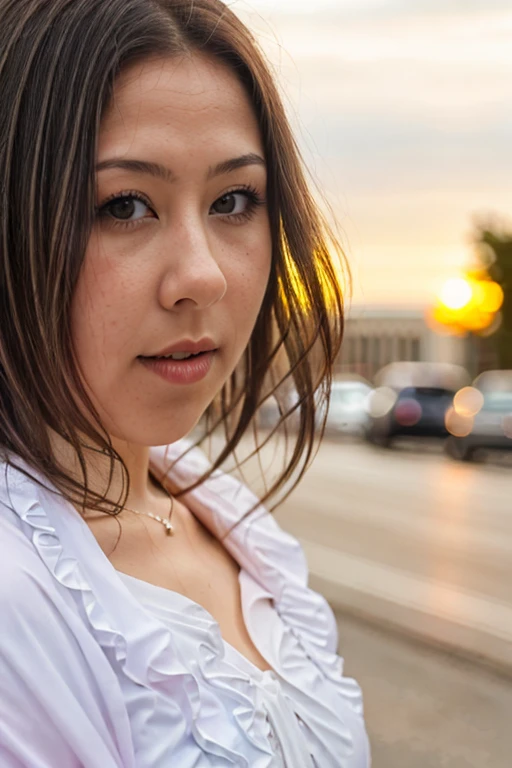 Close-up photo of a girl's face in a colorful dress, black hair, city street at sunset, bokeh