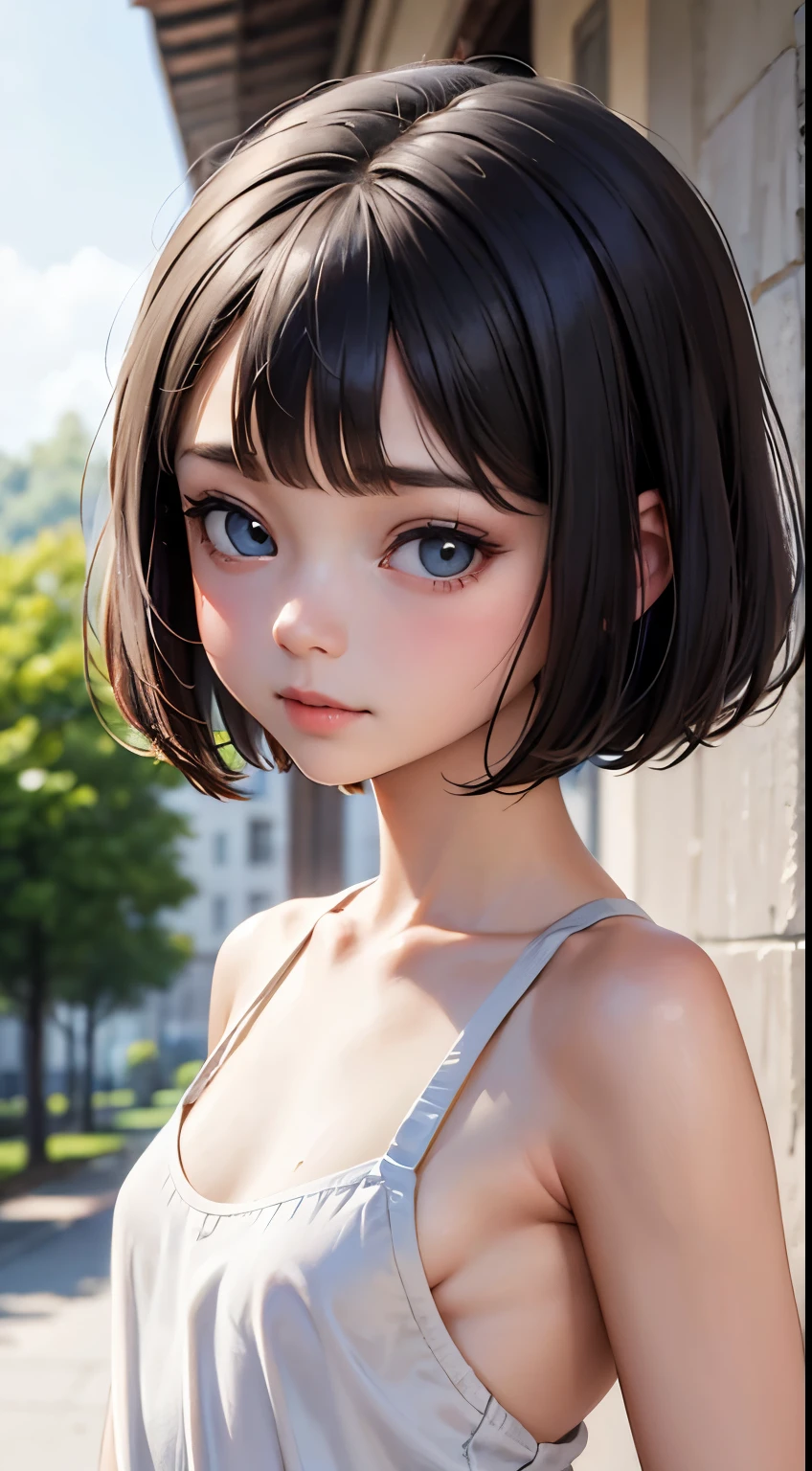 short hairと白のシャツ, short hair, Short hair with bangs, Woman with pretty face, Cute little face in a portrait, French Bob, White skin!!, Short brown hair and big eyes, Soft Portrait Shot 8k, Beautiful light、Big eyes, Beautiful girl, Young girl with bob cut, Full Shot,Best image quality, Tabletop, Leonardo da Vinci&#39;s Notebooks Da Vinci, Leonardo da Vinci&#39;s manuscript in the background,Swimwear,show off your thin legs,