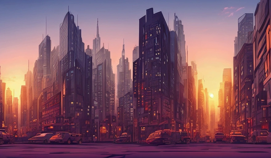 Sunset in the city anime style