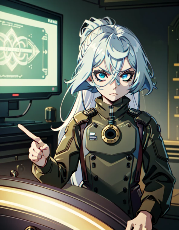 ((masterpiece, best quality))
 CyberRogueOld, 1girl, white hair, long hair, in a steampunk laboratory, surrounded by intricate contraptions and brass gadgets advanced alien technology, detailed portrait, cell shaded, 4k, concept art, by wlop, ilya kuvshinov, artgerm, krenz cushart, greg rutkowski, pix