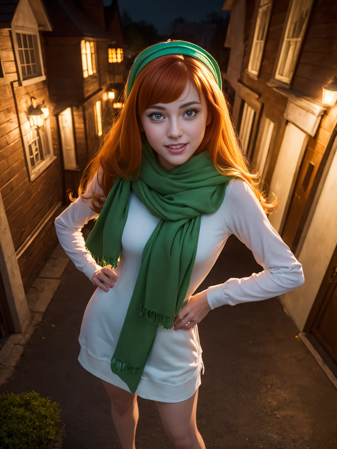 (masterpiece, best quality:1.4), (standing:1.5), (dynamic pose:1.4), (on a horror house with ghosts), daphneblake, (green) scarf, orange hair, purple dress, hairband, long sleeves,  (european youth  woman:1), looking at viewer, beautifull smile, beautiful face, highly detailed face, highly detailed eyes, subsurface scattering, realistic pupils, full face blush, full lips, detailed background, depth of field, volumetric lighting, sharp focus, absurdres, realistic proportions, (realistic, hyperrealistic:1.4), 16k hdr