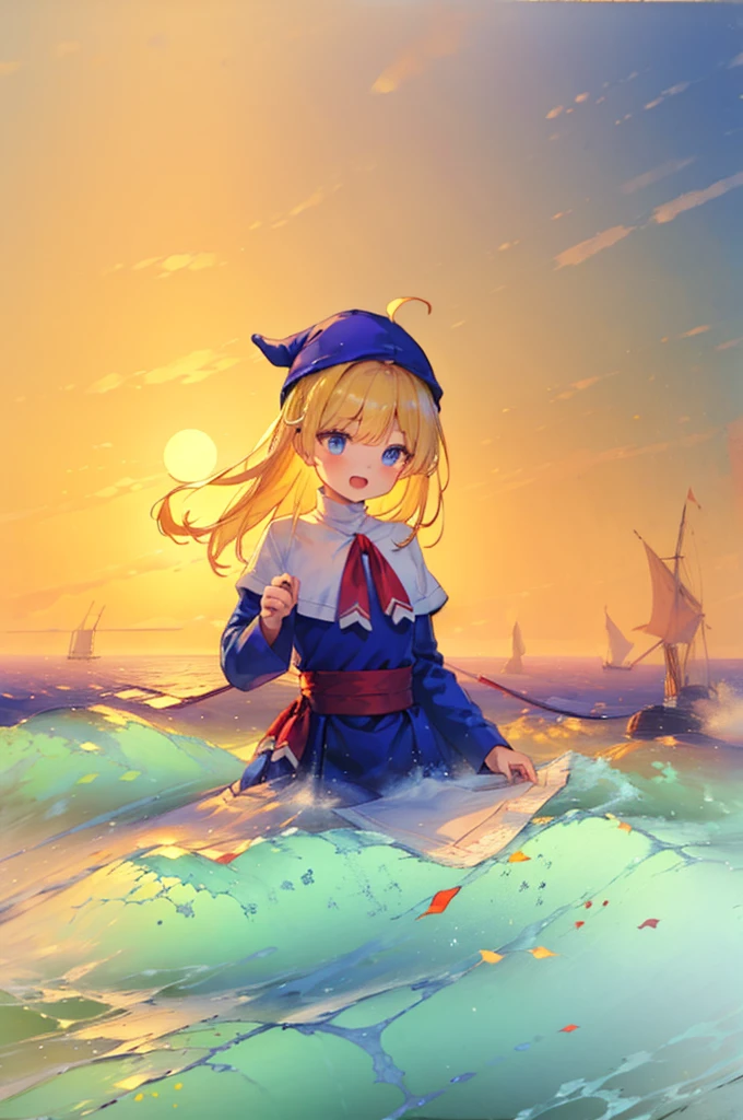 (8k,  super quality, masterpiece:1.2),  ultra high resolution, cute,  girl, solo, whole body, Puyo Puyo's witch, Blonde, Blue Eyes , blue headwear ,  blue based robe,  red ribbon, White capelet, Ahoge,  long skirt , sea, Wave like a  , Bright smile,  innocent face , Open your mouth, soaked, whole bodyに水滴,  with their bodies glued together , Damp , 