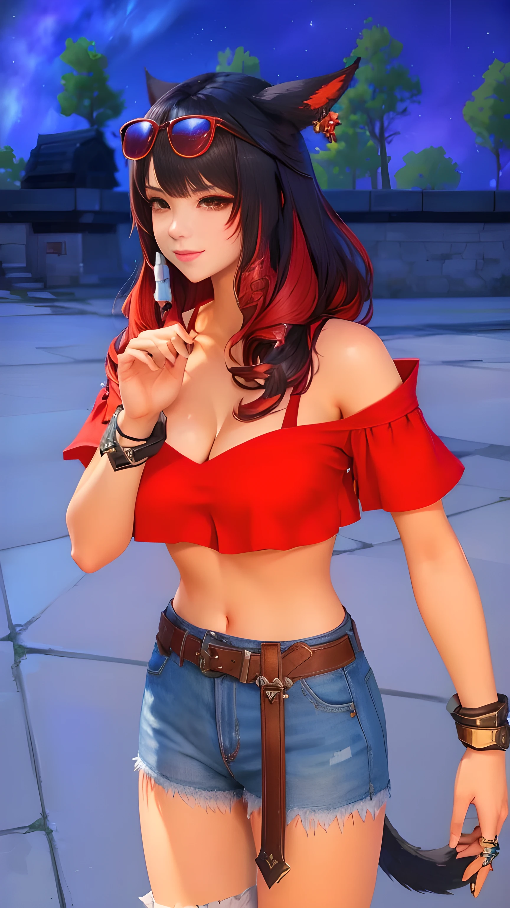 a girl with a cat ear and a red top wearing red sunglasses on head, final fantasy 14 style, style of final + fantasy + 14, final fantasy 14 screenshot, style game square enix, black red - haired Miqo'te, mmorpgs scene, beautiful screenshot, women with cute smile, charater from final Fantasy 14,a cute cat girl, female with cat ear, hand on the hips, female Miqote, alluring mesmer woman, close up half body shot, full body close-up shot, black hair with red highlights hair, elegant waves hairstyle, swept bangs, soft light, high detailed, 4k resolution, high quality, masterpiece、top-quality、(highly detailed),

