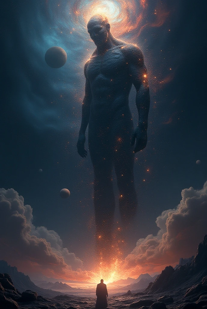 The cosmic titan emerges from the outer space nebula and rises above the horizon, (Best quality, High-res, Masterpiece:1.2), Ultra-detailed, Photorealistic:1.37, Surreal, Vibrant colors, Ethereal lighting, Celestial energy, majesticpresence, otherworldly aura, Swirling cosmic dust, Great performance.