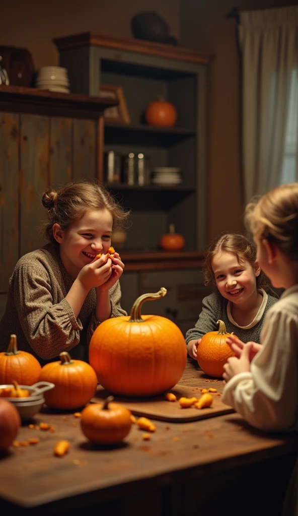 Pumpkin soup in a jack-o'-lantern pumpkin bowl, dinner table, Halloween Party, Pile of candy and sweets, Children in character costumes