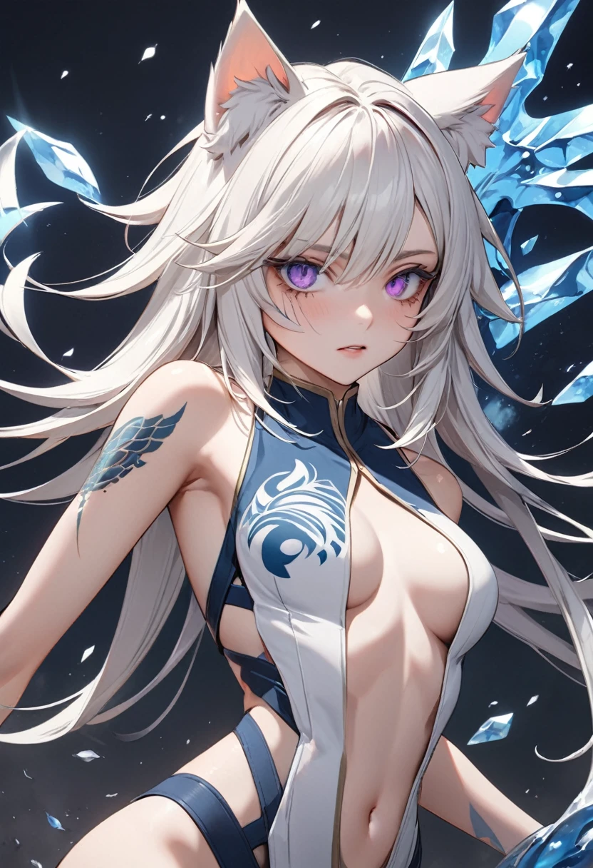 young girl, long white hair, heterohromia, left eye blue, right eye purple, multi-colored eyes, cat ears, ice claws, lot of scars, lotbof tattoo, skinny, blue form, sleeveless, open belly, open breasts, Masterpiece, best quality, Full HD, 8k, ultra details, great graphic, anime style, 2D, detailed eyes, beautiful eyes, beautiful face, beautiful clothes, beautiful body