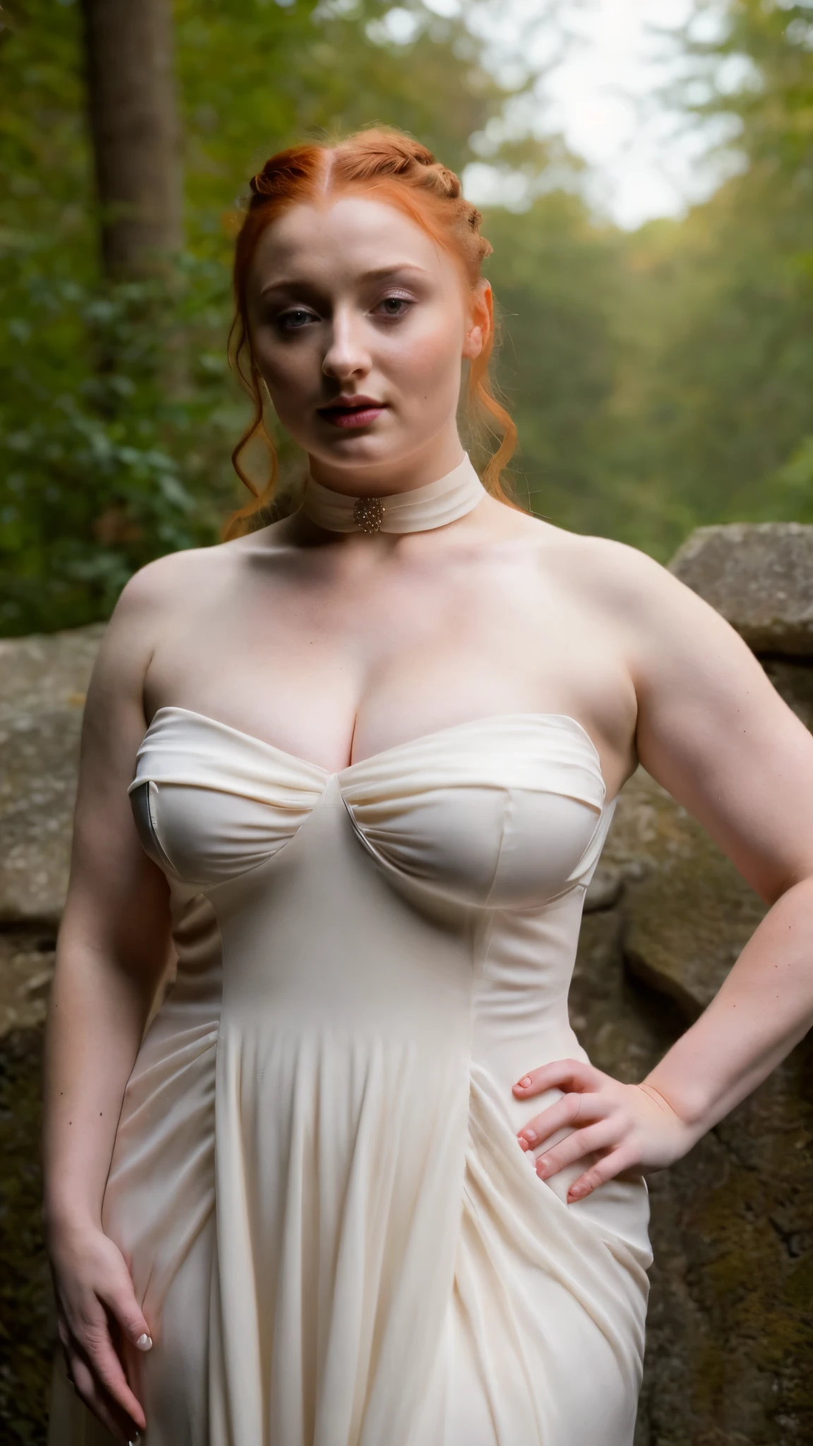 Bryce Dallas Howard wearing extremely lewd goddess costume, goddess' laurel, bare-shoulders, (massive breasts under the costume:1.45), (I have thick milf's arms:1.95), curvy - no muscles, (fully clothed:1.65), (covered tits:1.65), queenly jewelries: earrings necklaces bracelets), (settings: goddess kingdom:1.5), (stilletto), (front view - my 1arm behind my head), She has porcelain skin, long and luscious blonde hair, golden eyes, a beautiful and motherly face. Her outfit is a stylish yet elegant ensemble that accentuates her body. Her extremely revealing flowing white gown covering her tits slightly while showing a lot of skin and has golden trim and is adorned with delicate lacework and shimmering silver embroidery, adding a touch of intricacy to her regal attire. Her thighs are entirely bare for all to see, emphasizing her feminine allure. The fabric drapes and clings to her curves. She wields a golden staff and wears a small golden wreath upon her head. (full-body - head to boot), anusha cleavage, busty, voluptuous, thick, curvy model body, body dents, visible lips, plump, fleshy juicy hips, glossy sweaty skin, 🤬❤❤️🔥💦🍑, juicy lips, plump red lips, fantasy character art, absurdres, high res, ultrasharp, 8K, professional photograph, award-winning portrait, masterpiece, high detail full-body view, symmetrical, Nikon D850, 85mm lens, f/1.8, depth of field,