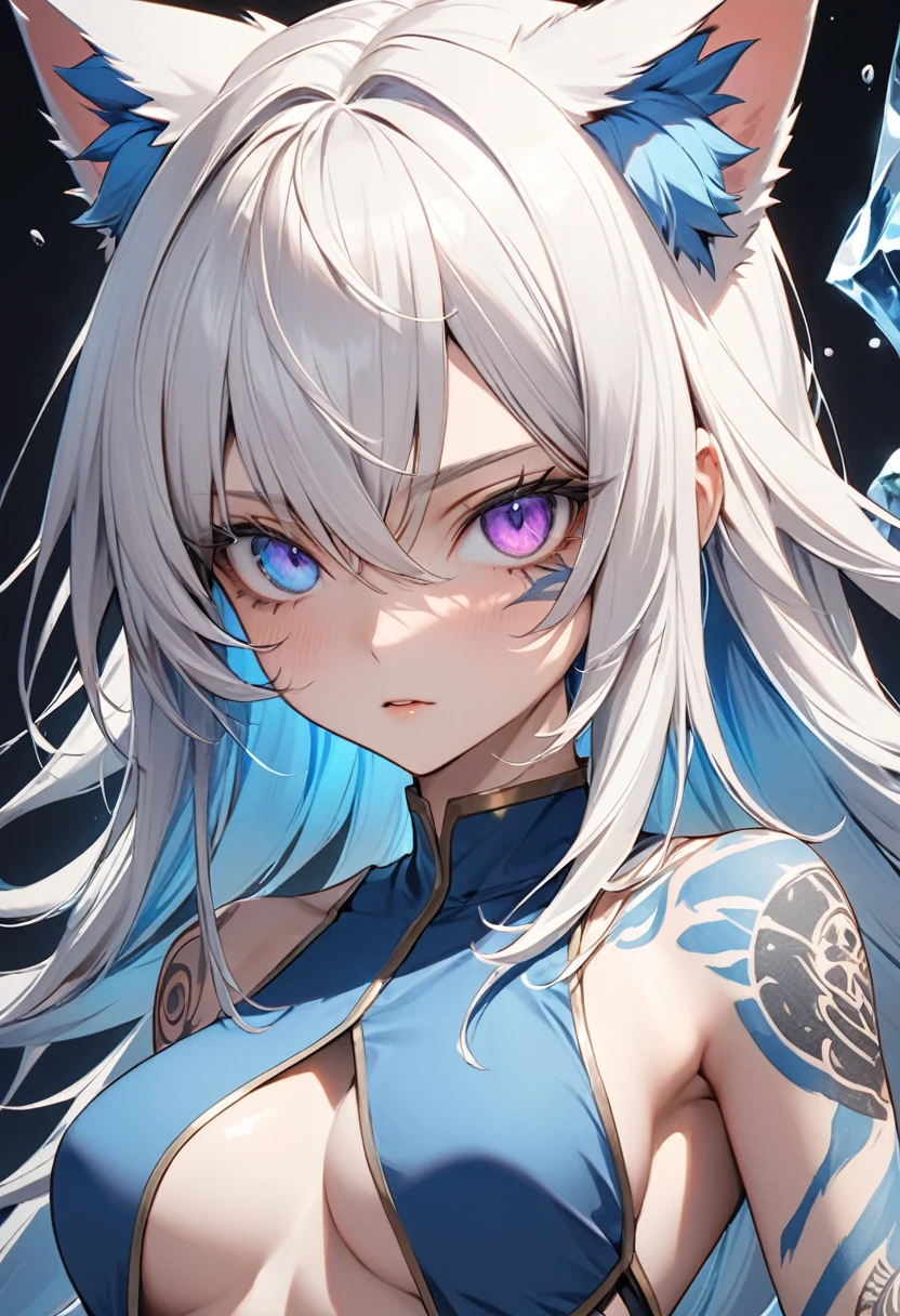 young girl, long white hair, heterohromia, left eye blue, right eye purple, multi-colored eyes, cat ears, ice claws, lot of scars, lotbof tattoo, skinny, blue form, sleeveless, open belly, open breasts, Masterpiece, best quality, Full HD, 8k, ultra details, great graphic, anime style, 2D, detailed eyes, beautiful eyes, beautiful face, beautiful clothes, beautiful body