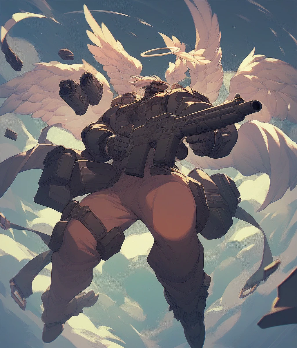  winged machines 、Machine Angel、He has a big gun.、 have lots of guns、Shoot a gun