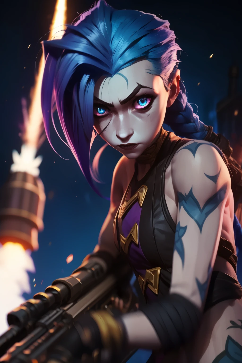 jinx league of legends, detailed eyes, firing a rocket launcher