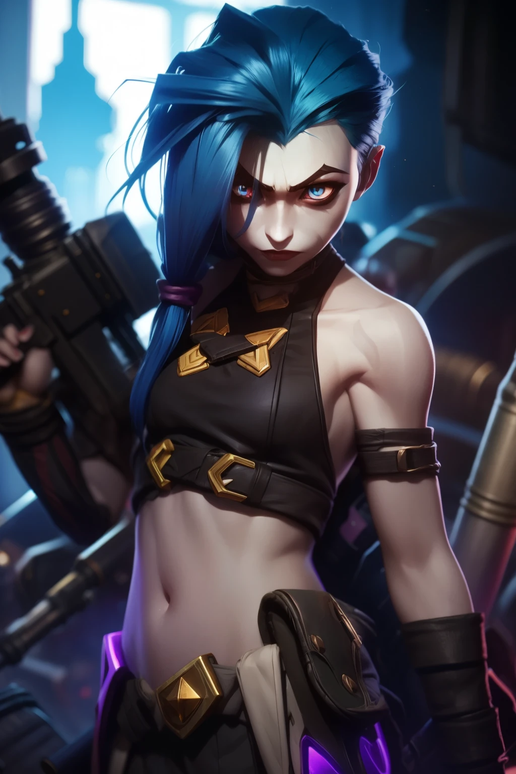 jinx league of legends, detailed eyes, firing a rocket launcher