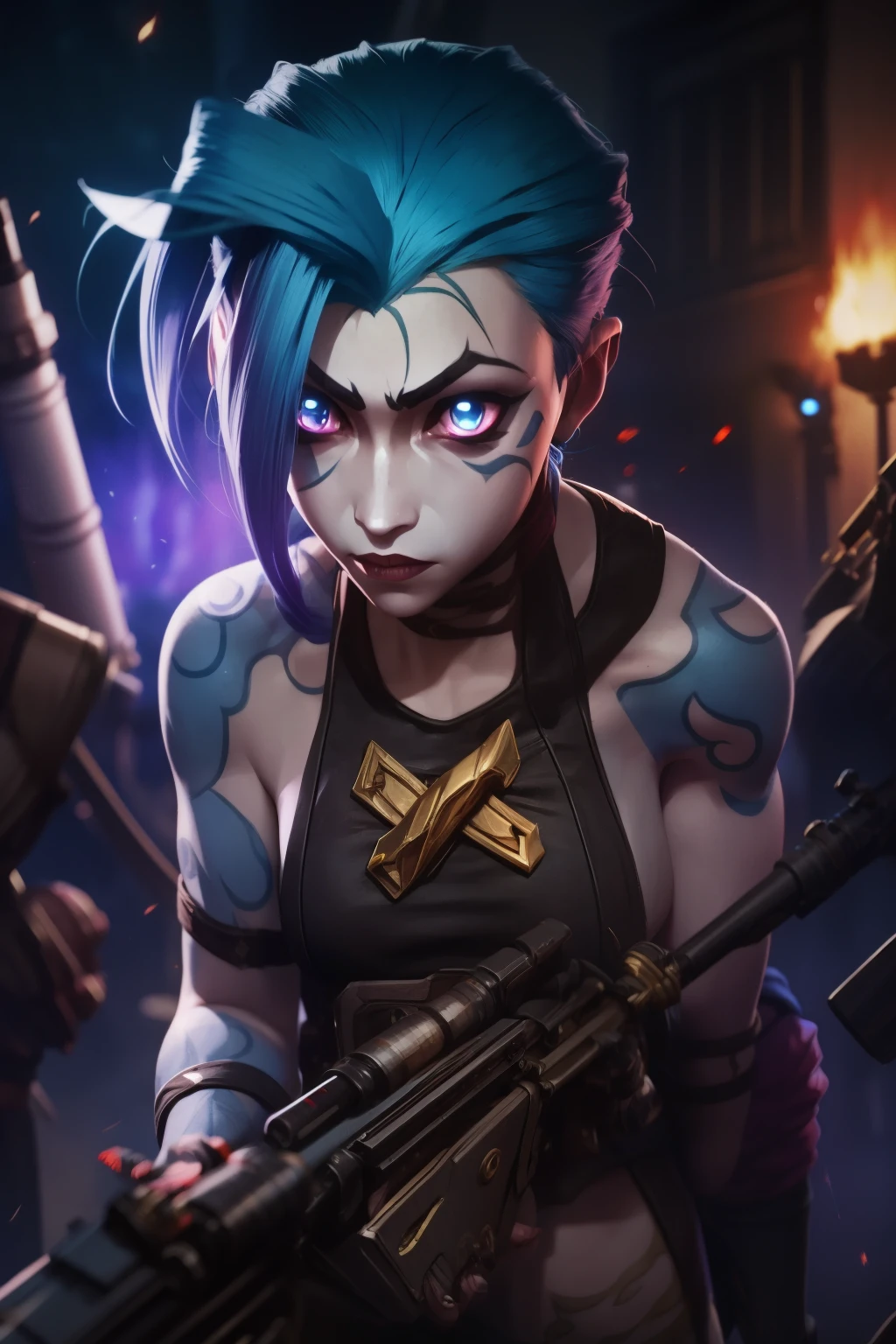 jinx league of legends, detailed eyes, firing a rocket launcher, tattoo 