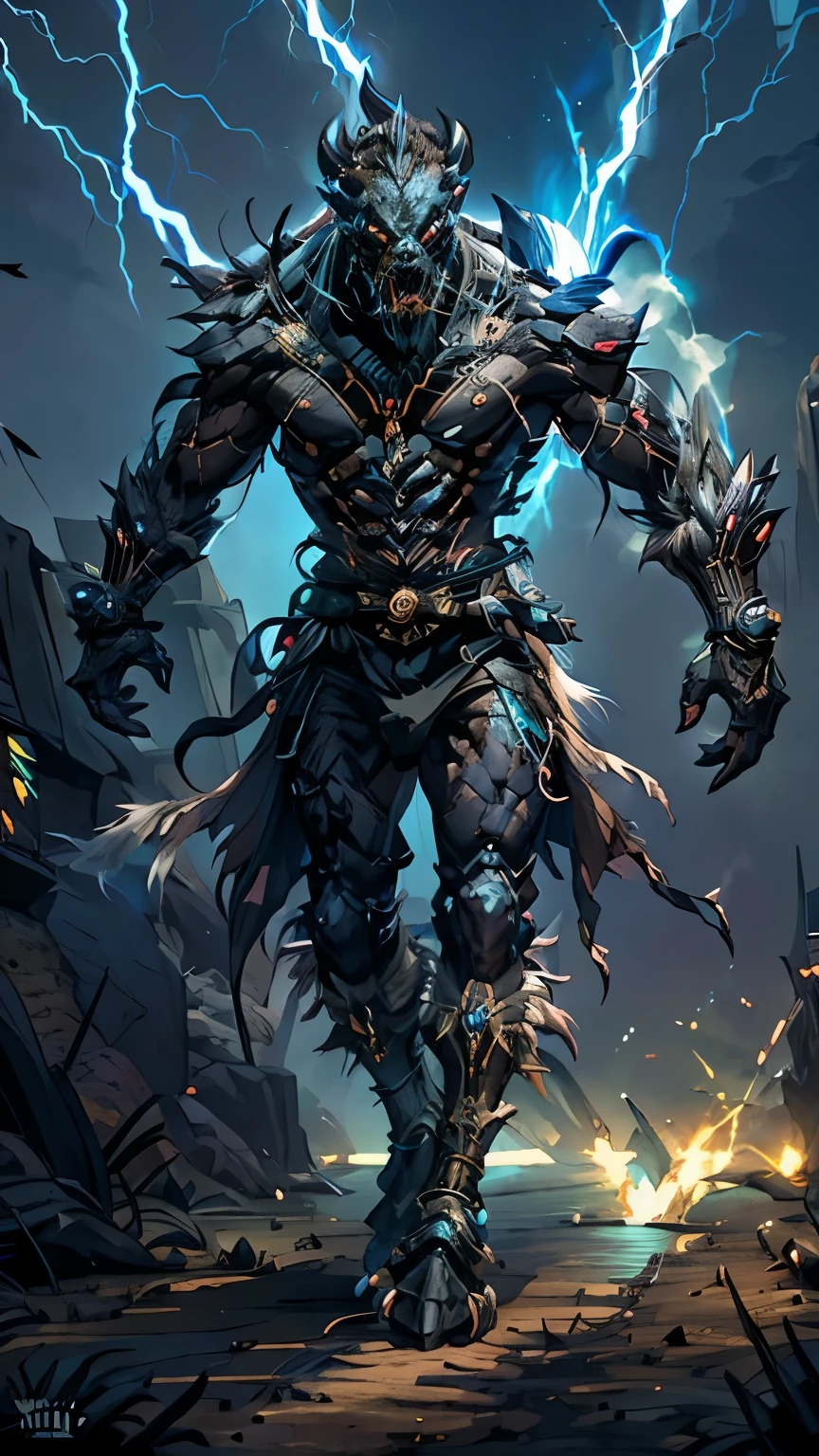 [black] gaint monster mecha balinis Batar Kala fused with barong cyberg high-voltage energy, god of destruction,stlye reelistic, quality image Ultra Hd,walking in mythic temple bali striking with powerful lightning and high-voltage attacks.image quality HD ultra,beckground balinis forest mythic scream