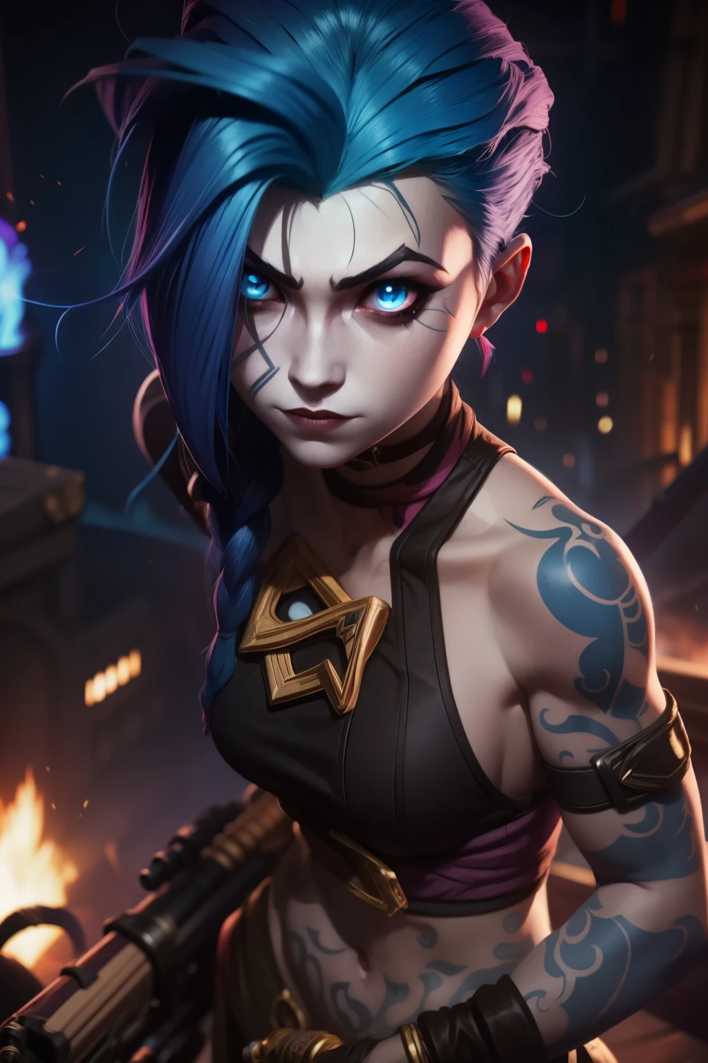 jinx league of legends, detailed eyes, firing a rocket launcher, tattoo 