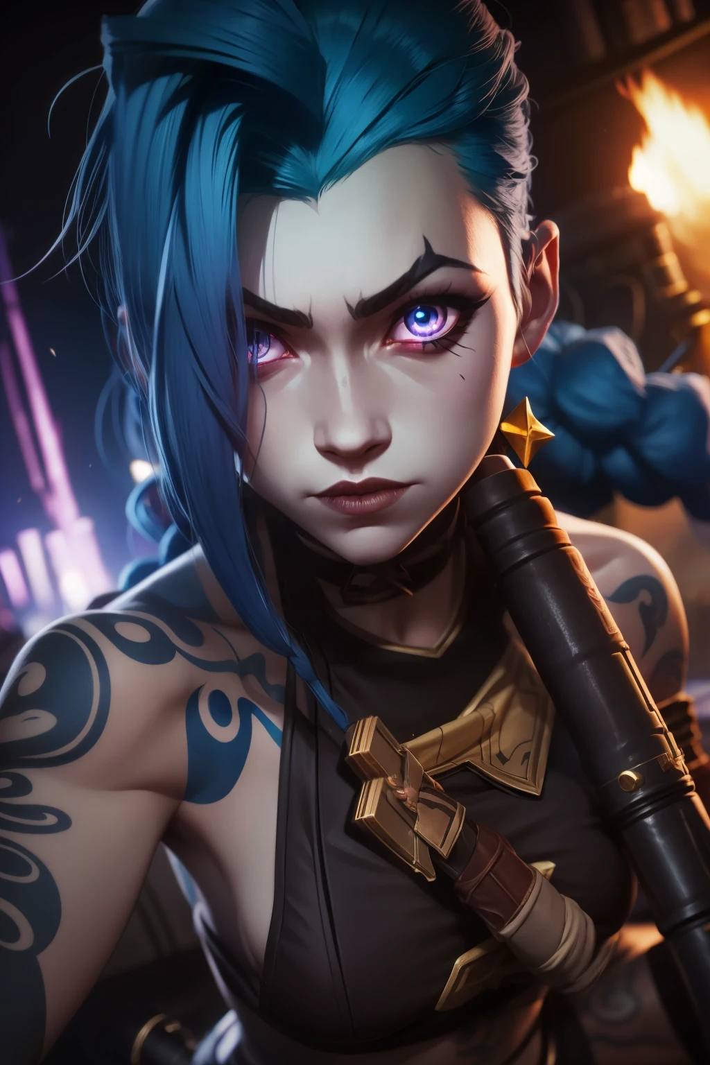 jinx league of legends, detailed eyes, firing a rocket launcher, tattoo 